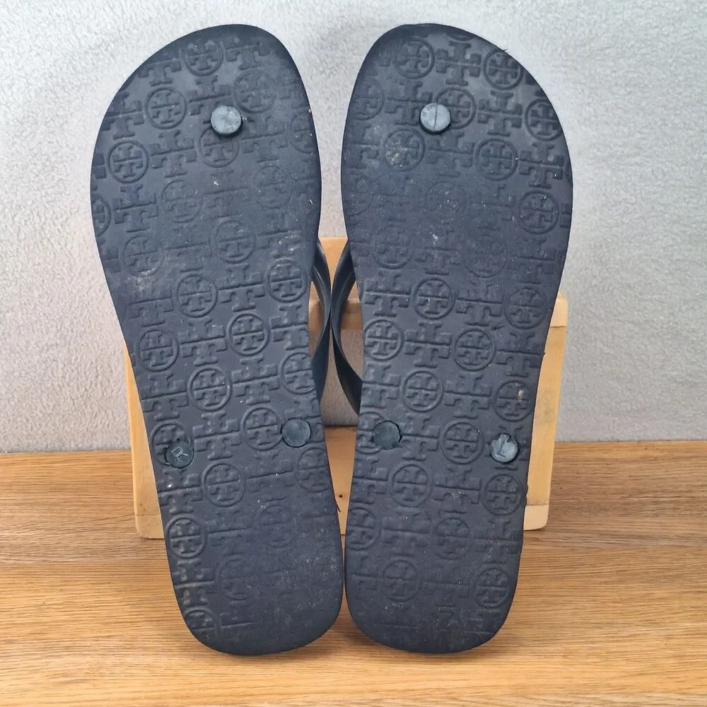 Tory Burch Women's 11 Thin Flip Flops Navy Blue Floral Print Logo Thongs Sandals